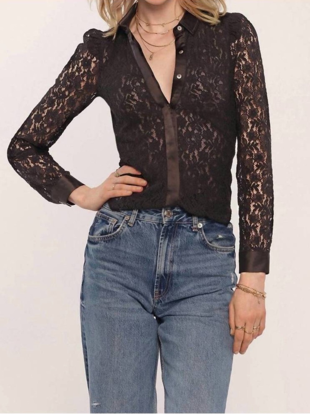 HEARTLOOM Rennie Top Black M Button Down Lace Shirt